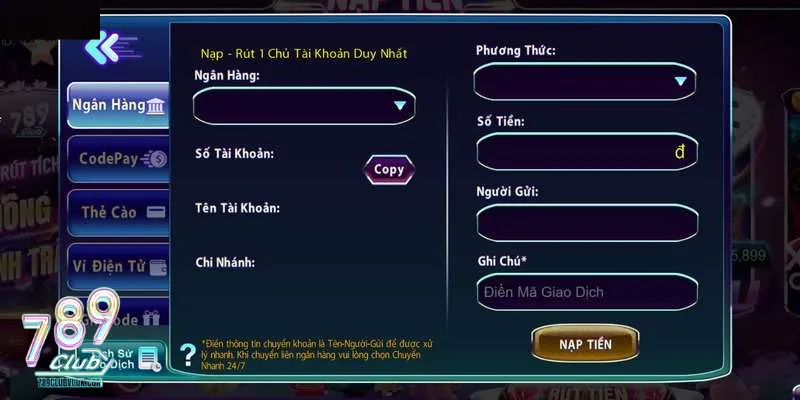 Hướng dẫn nạp tiền vào tài khoản 789Club